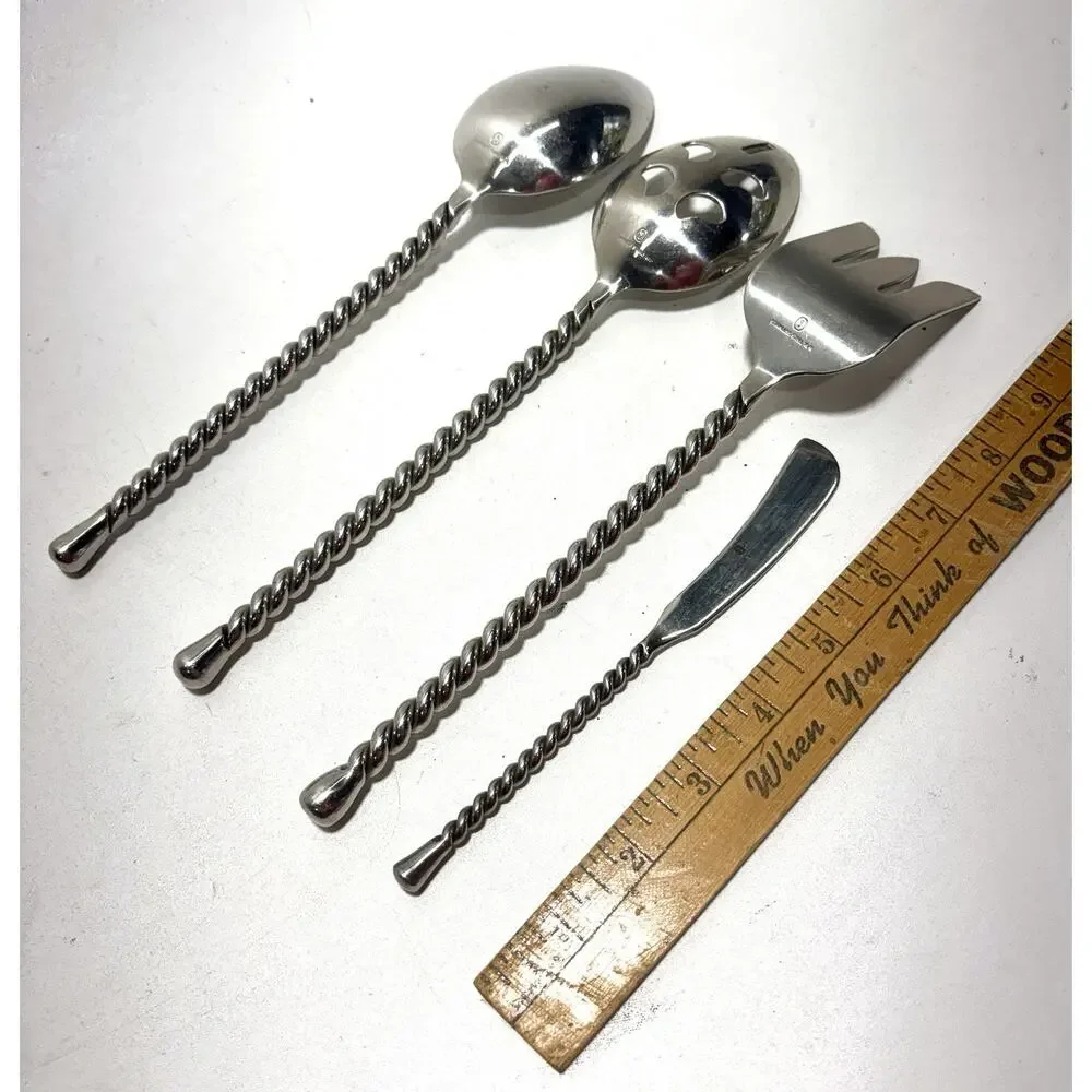 Twisted Handle 10” Stainless Steel Serving Set Spoon Fork Slotted Barware